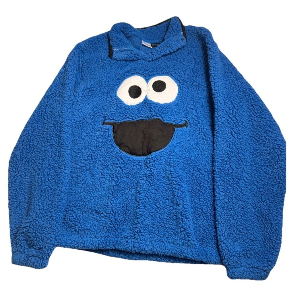 Sesame Street Sherpa Fleece Pullover Jacket Mens Large Blue Snap Neck Sweater